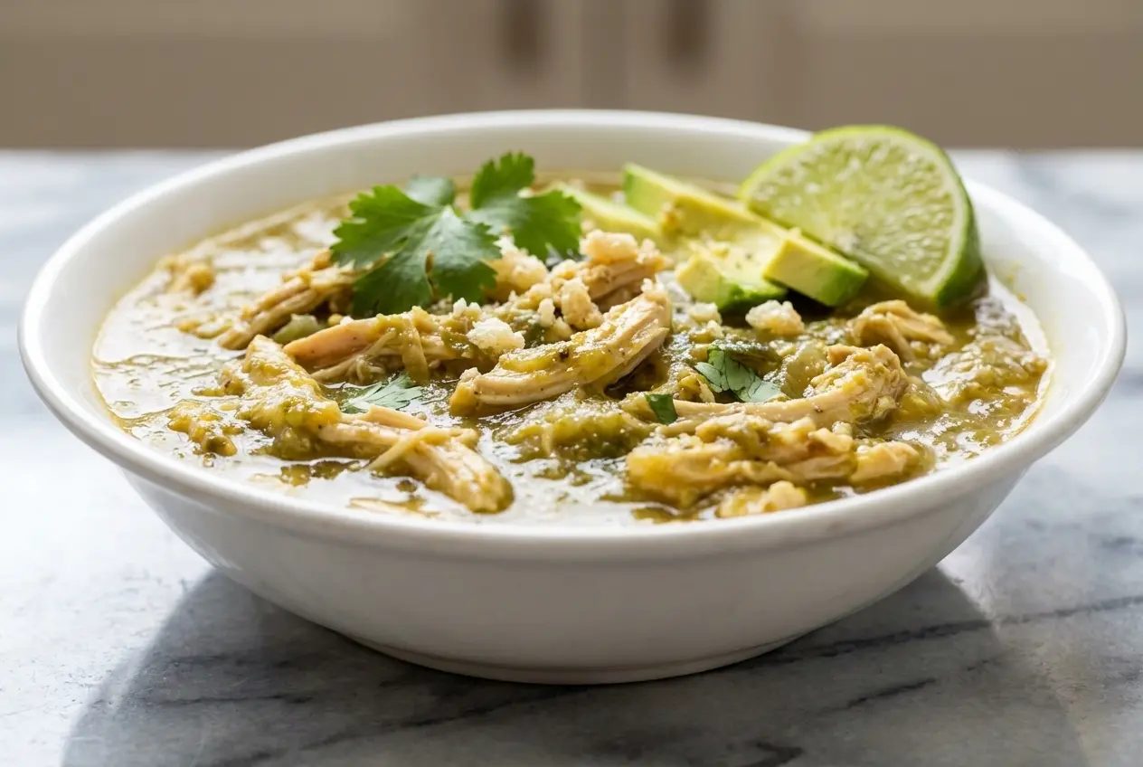 Keto Green Chili Chicken in a bowl topped with a crispy pork rind dust and fresh cilantro.
