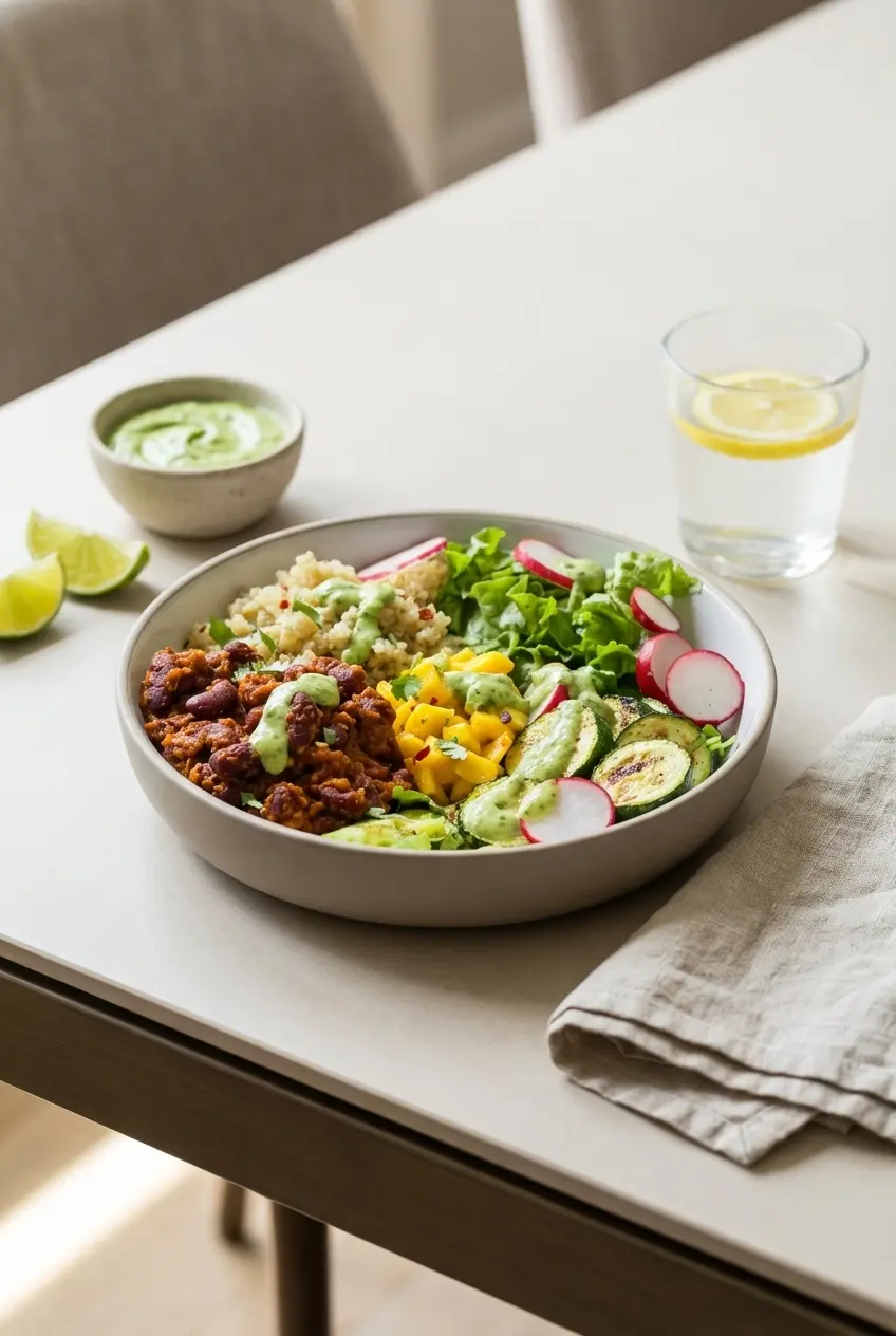 Two meal prep containers packed with a Kidney Bean Bowl, mango salsa, and roasted vegetables for easy lunch storage.