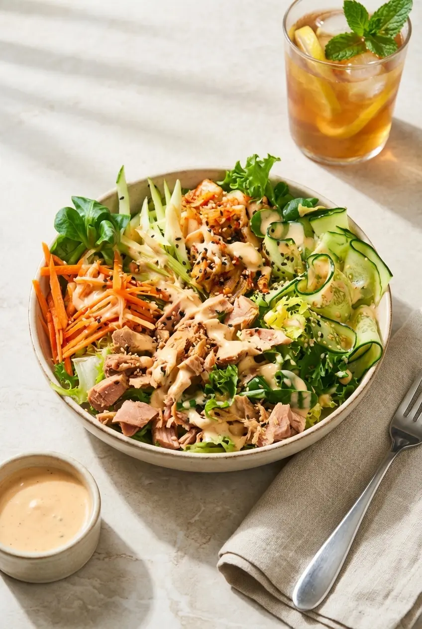 Individual serving of kimchi salad packed in a glass meal prep container topped with crushed toasted peanuts.