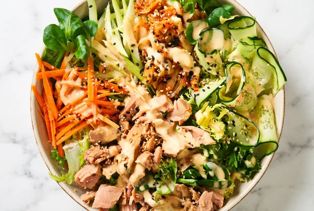 Bowl of vibrant kimchi salad drizzled with creamy miso tahini dressing and topped with crushed toasted peanuts.