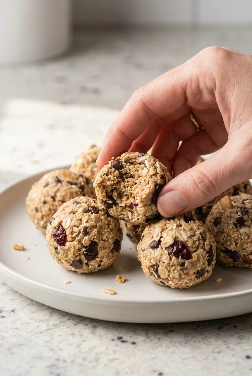 Close-up showing the dense, chewy center of a bite from our kodiak protein balls recipe with visible sea salt flakes.