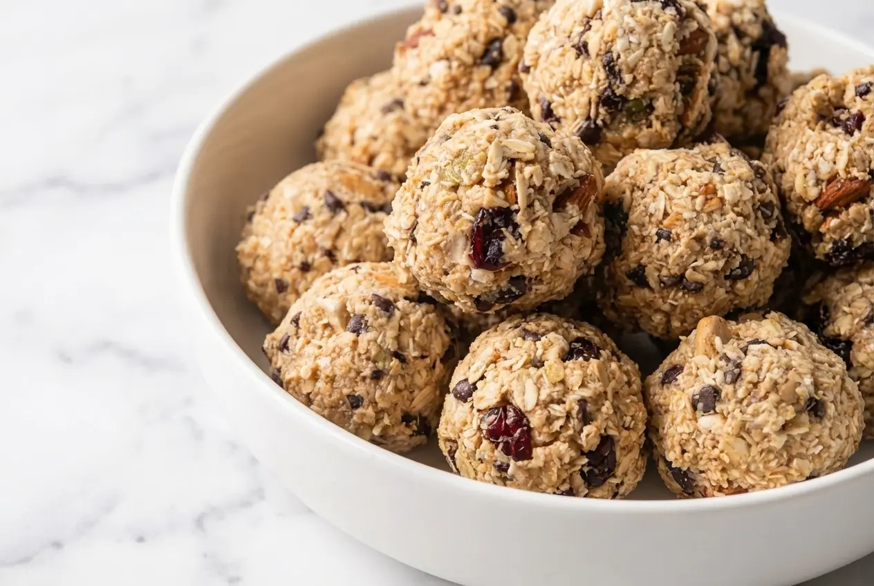 A stack of energy bites from a kodiak protein balls recipe made with milk and finished with flaky sea salt.