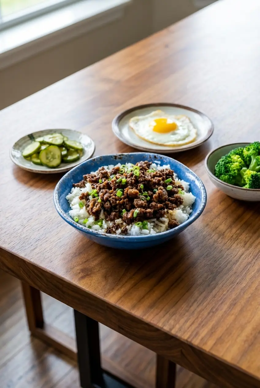Korean Ground Beef Bowl styled in a meal prep container, garnished with sesame seeds for a fresh, casual dinner.