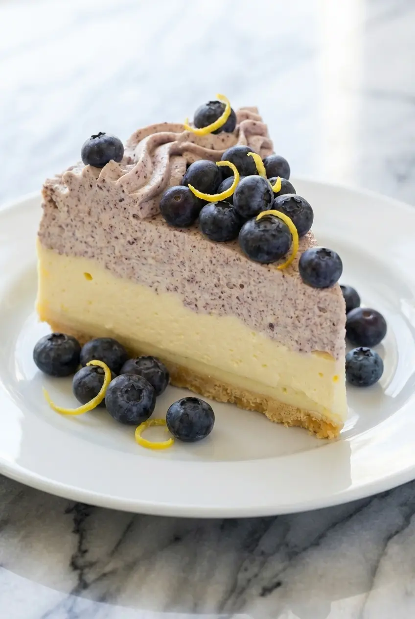 A perfect slice of Lemon Blueberry Shortbread Mousse Cake showcasing the distinct yellow and purple fruit layers.