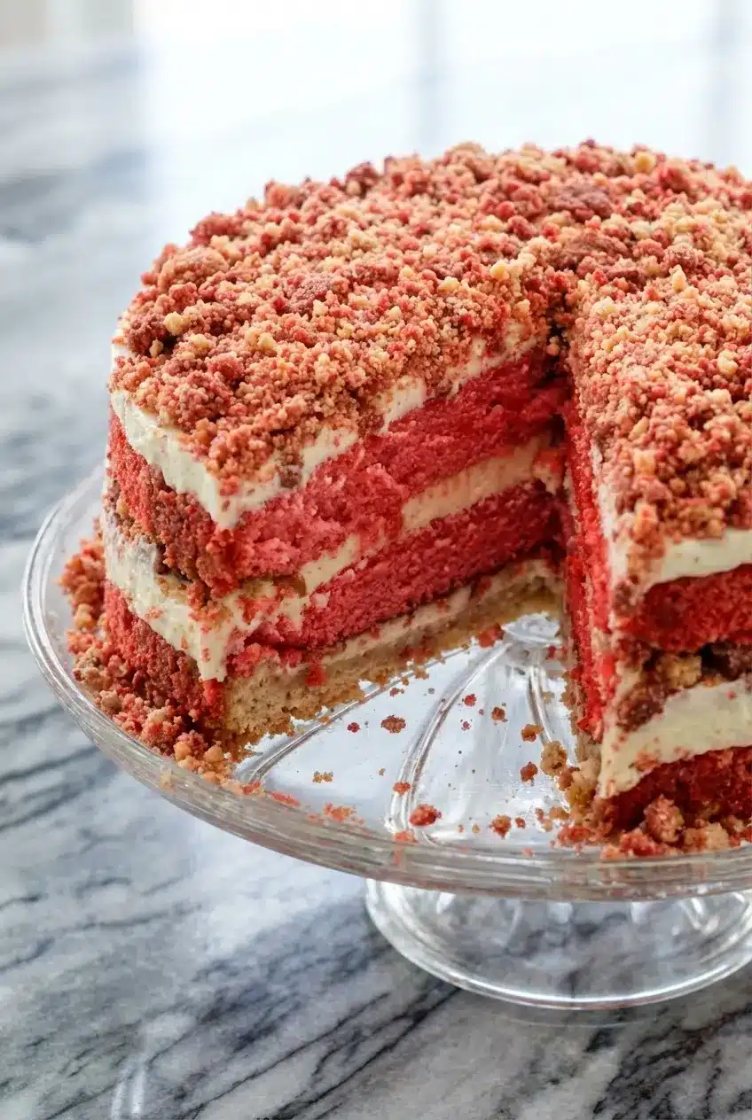 Close-up of a strawberry shortcake cheesecake slice showing the lemon zest batter and macerated strawberry layers.