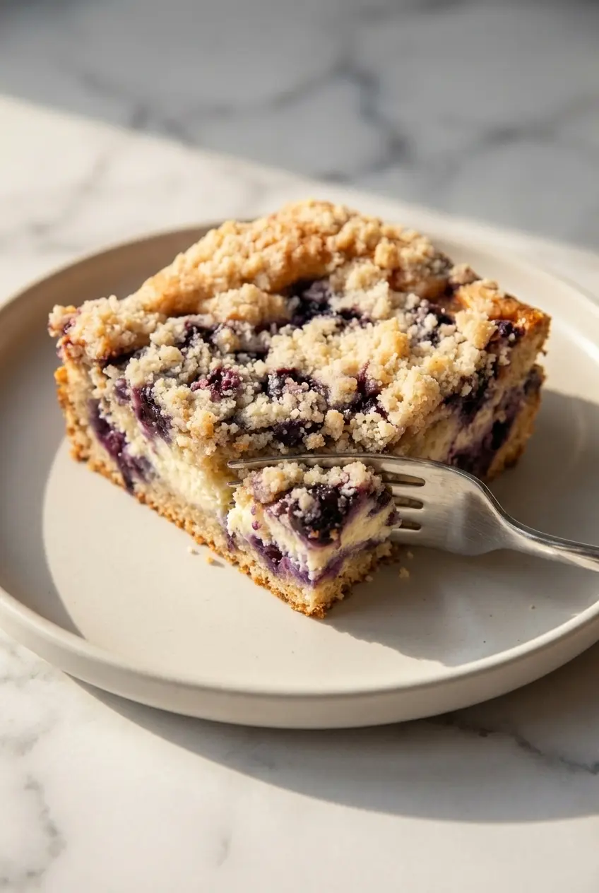 The thick cake batter, smooth cream cheese layer, and fresh blueberries layered in a Blueberry Cream Cheese Coffee Cake pan.