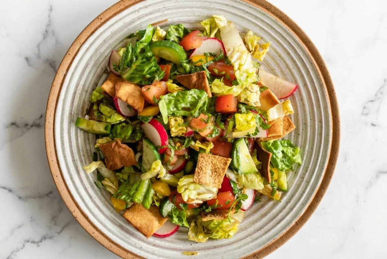 Colorful lebanese fattoush salad recipe in a bowl, topped with crispy garlic za'atar pan-fried pita chips and fresh mint.