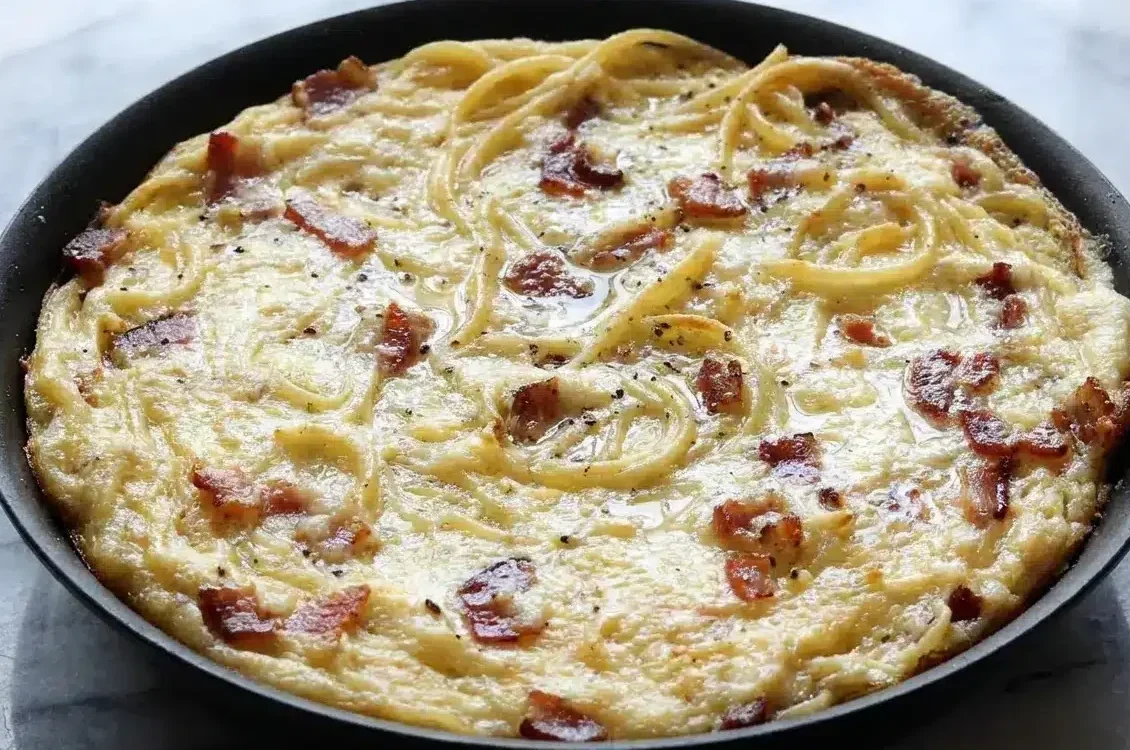 Leftover pasta frittata with a golden, crispy Parmesan-Panko brulée crust in a cast iron skillet.