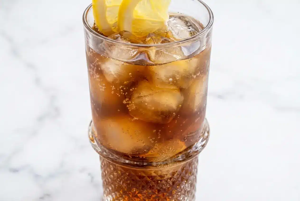 A glass mug of the Lemon Balm Recipe for Weight Loss featuring a golden herbal infusion, fresh ginger slices, and raw ACV.