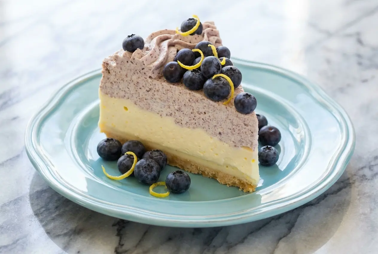 Lemon Blueberry Shortbread Mousse Cake featuring a nutty brown butter shortbread crust and vibrant layers.