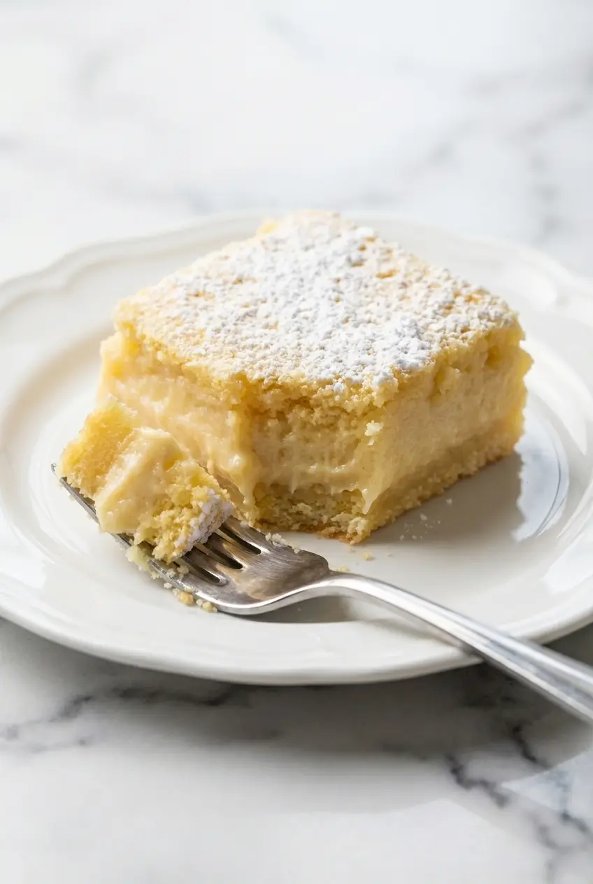 Macro view of the fluffy cake layer and creamy custard center of a finished Lemon Custard Cake slice.