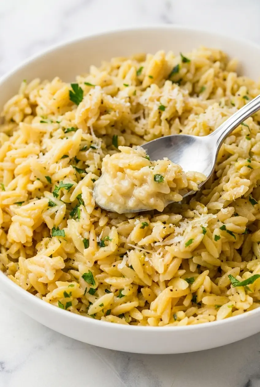 Stirring cold cubed butter and grated Parmesan into a warm skillet of Lemon Orzo Recipe to create a glossy sauce.