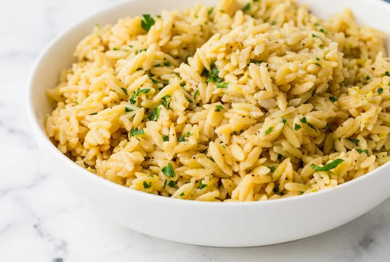 Lemon Orzo Recipe finished risotto-style with toasted golden pasta, cold butter, and grated Parmesan in a serving bowl.