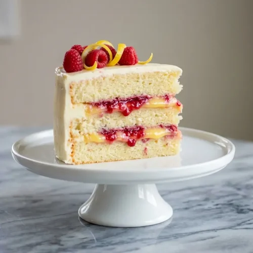 Lemon raspberry cake with elderflower-infused compote and a hint of warm cardamom in the sponge.