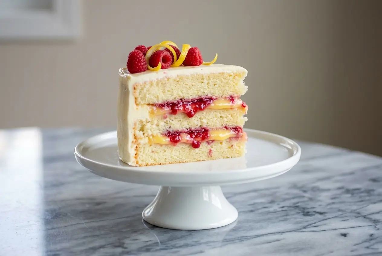 Lemon raspberry cake with elderflower-infused compote and a hint of warm cardamom in the sponge.