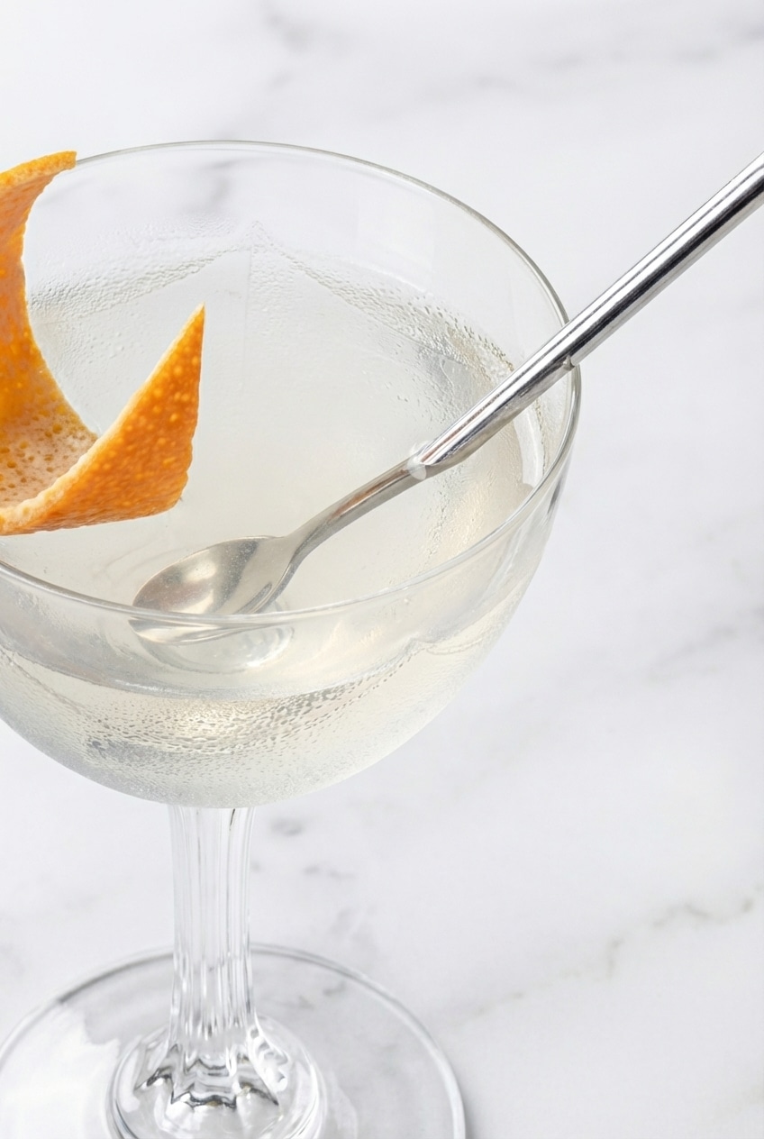 Close-up of the delicate, frothy texture on top of a perfectly shaken London Calling cocktail.