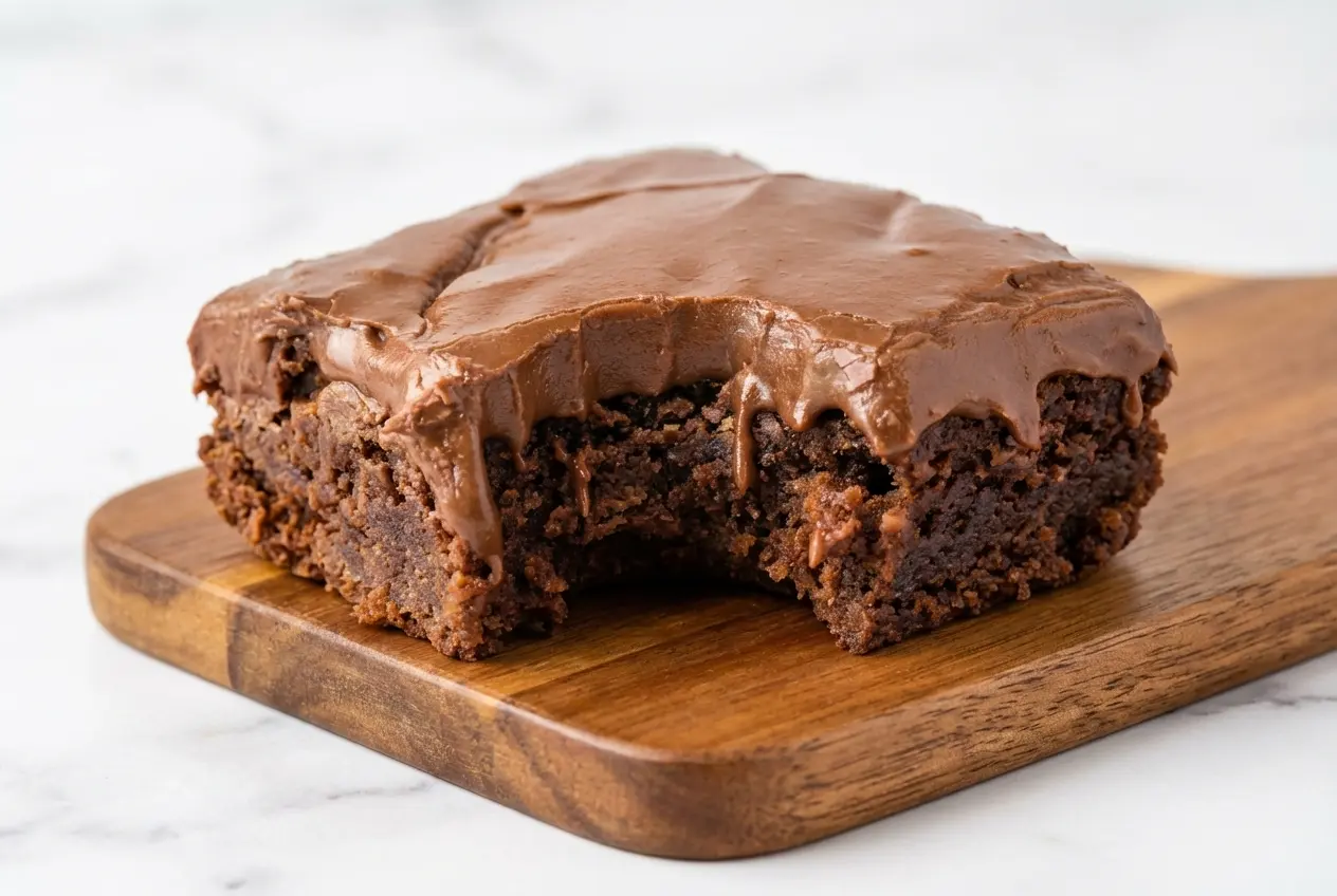 Fudgy Lunch Lady Brownies with glossy chocolate frosting, browned butter, and a sprinkle of flaky sea salt.
