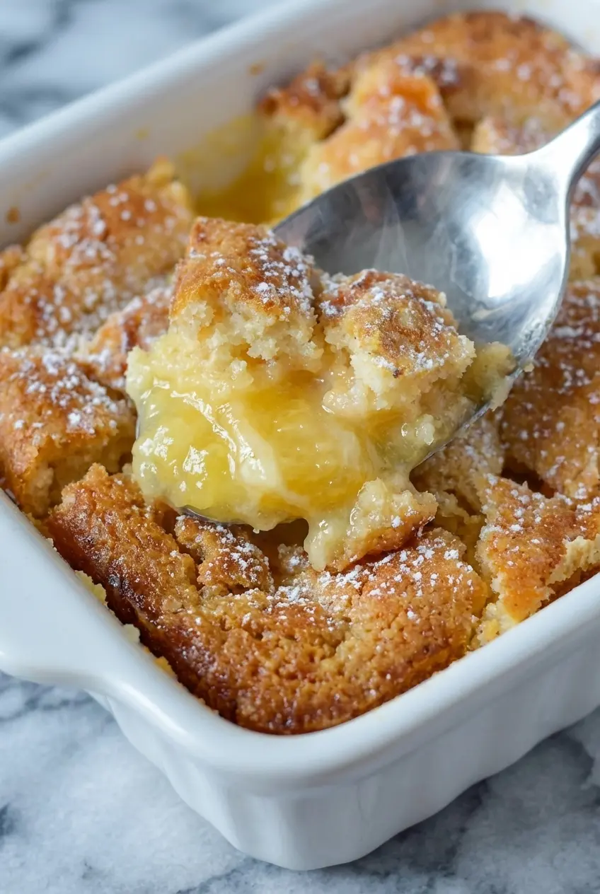 Tender interior and crispy caramelized edges of a freshly baked Magic Lemon Cobbler.