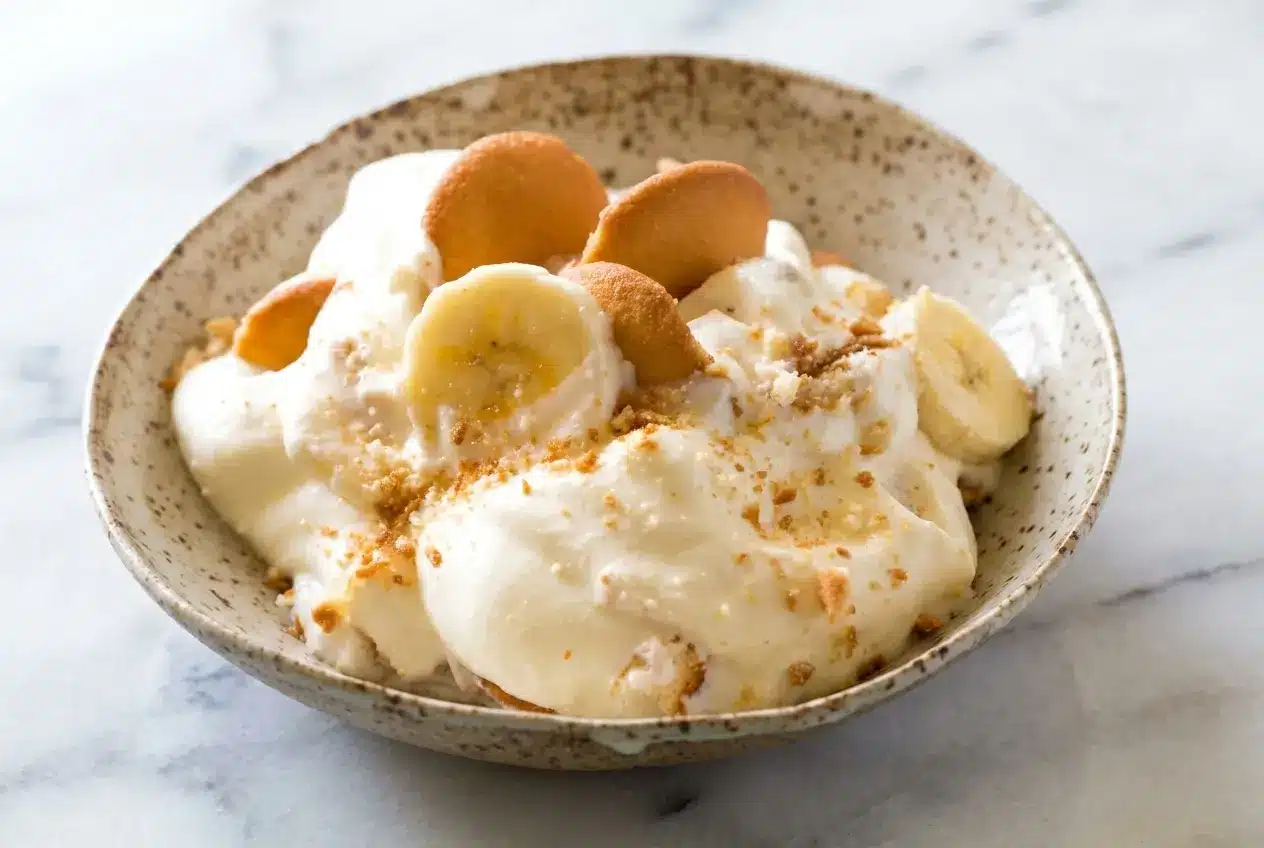 Layered Magnolia Bakery’s Banana Pudding with toasted salted wafers and vanilla bean cream in a glass bowl.