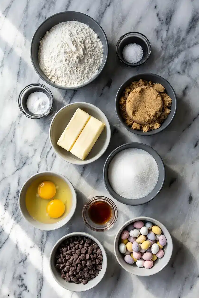 Overhead view of ingredients for Cadbury Egg Cookies including brown sugar, all-purpose flour, and chocolate chips.
