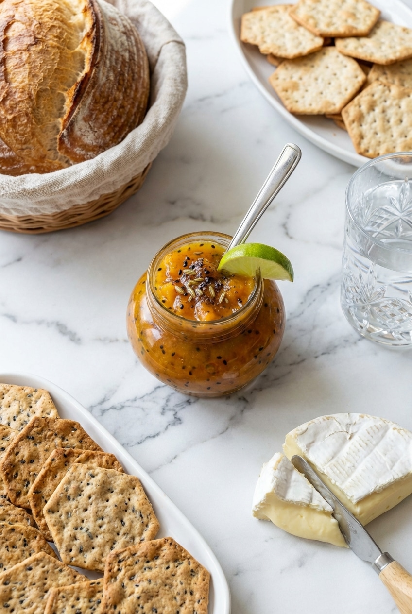 A jar of homemade Mango Chutney Recipe served alongside savory Indian dishes and fresh flatbread on a cozy dining table.