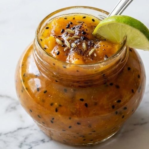Golden Mango Chutney Recipe finished with fresh lime juice, Indian black salt, and fragrant spices bloomed in rich ghee.