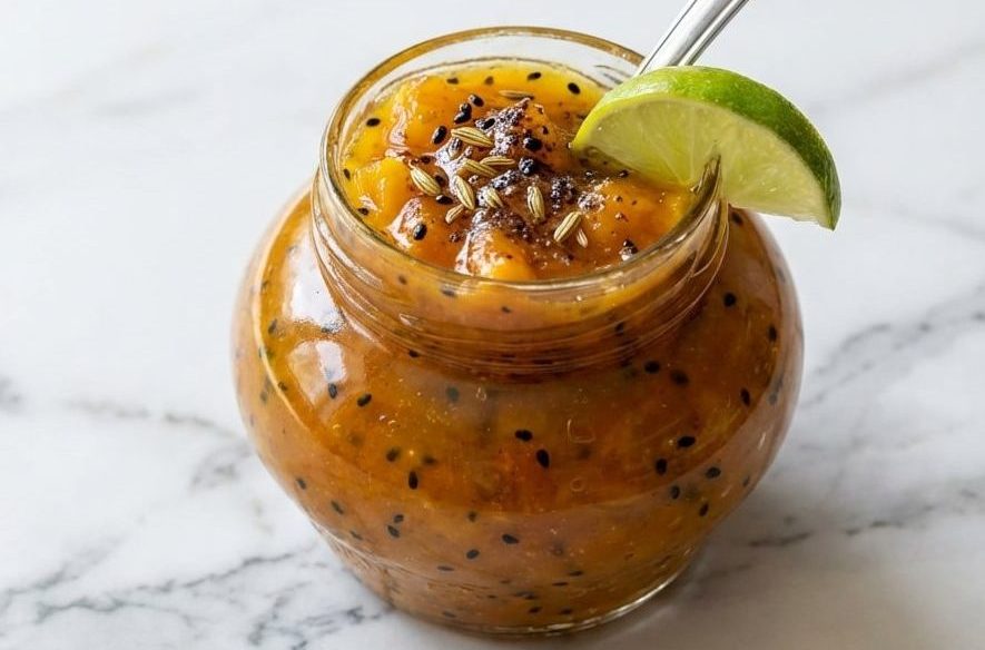 Golden Mango Chutney Recipe finished with fresh lime juice, Indian black salt, and fragrant spices bloomed in rich ghee.