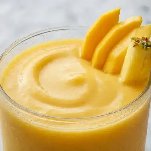 Creamy mango pineapple smoothie in a glass, featuring a hint of grated ginger and a pinch of sea salt.