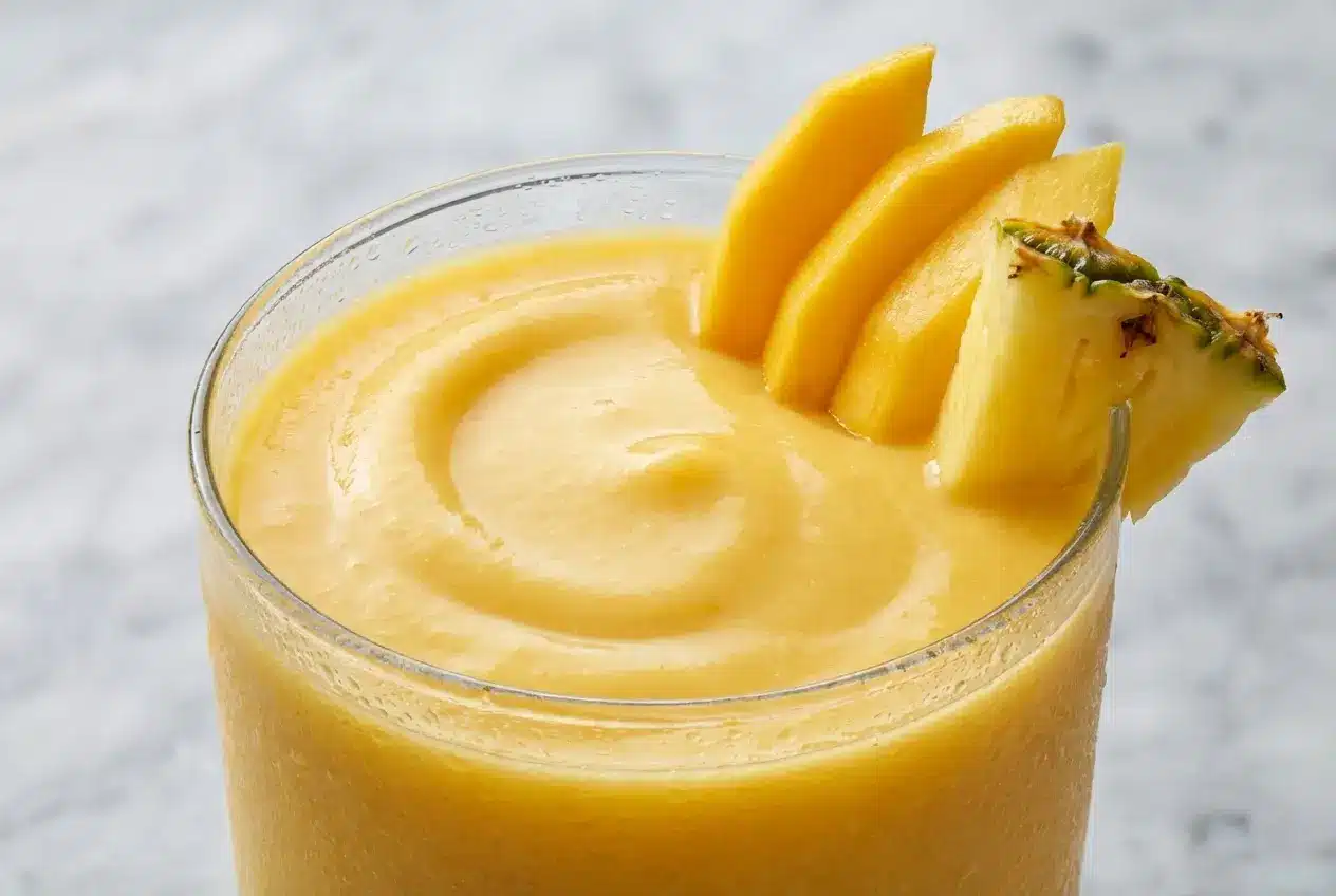 Creamy mango pineapple smoothie in a glass, featuring a hint of grated ginger and a pinch of sea salt.