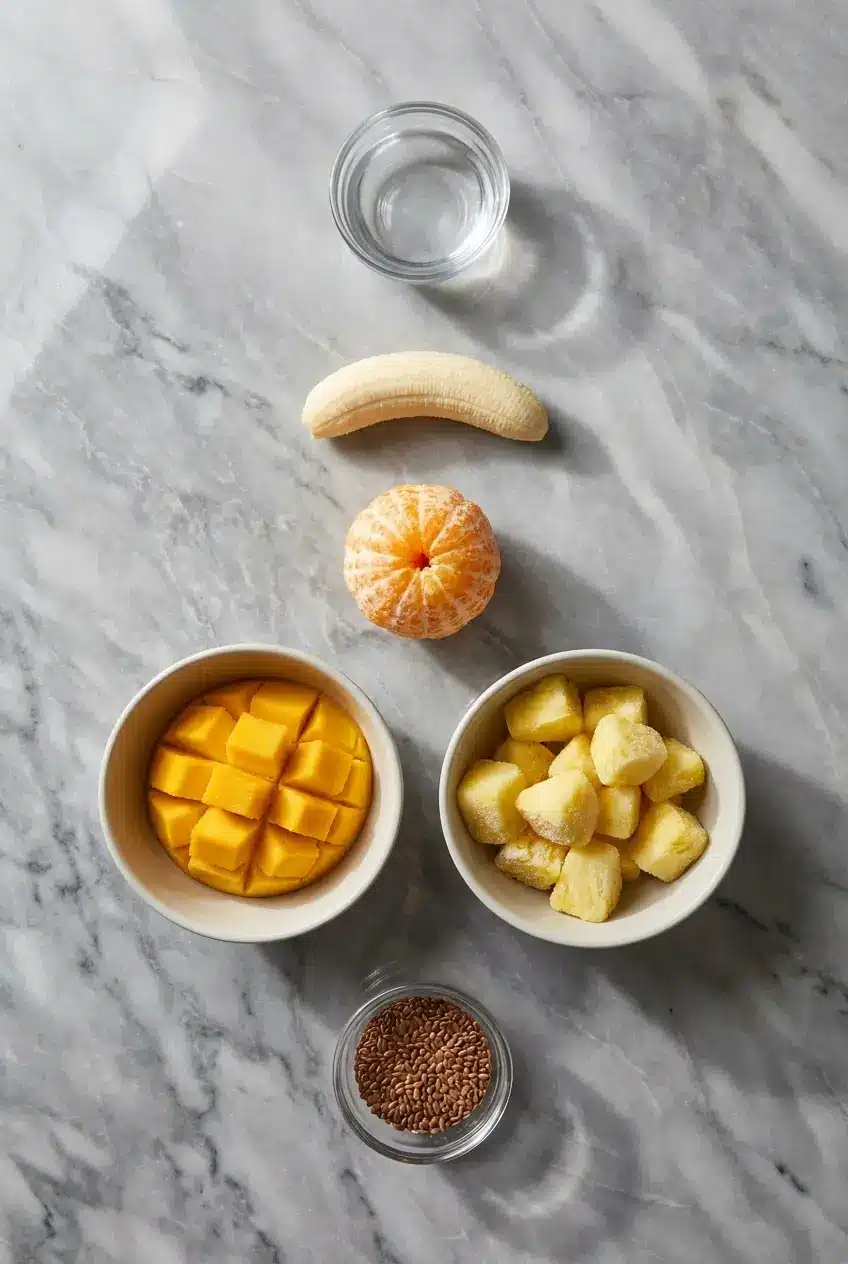 Flat lay of frozen fruit, almond milk, and fresh ginger for a mango pineapple smoothie base.