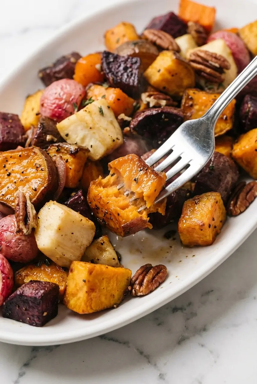 Close up of beautifully browned maple roasted vegetables showing perfect caramelization on parchment paper.