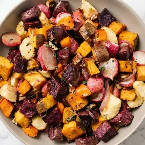 Golden maple roasted vegetables tossed in a delayed Dijon and apple cider vinegar glaze on a baking sheet.