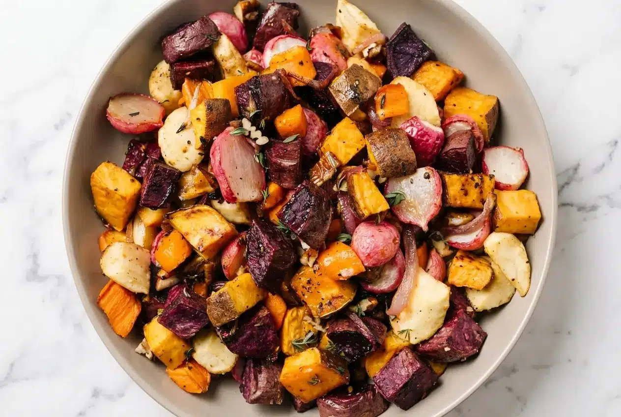 Golden maple roasted vegetables tossed in a delayed Dijon and apple cider vinegar glaze on a baking sheet.