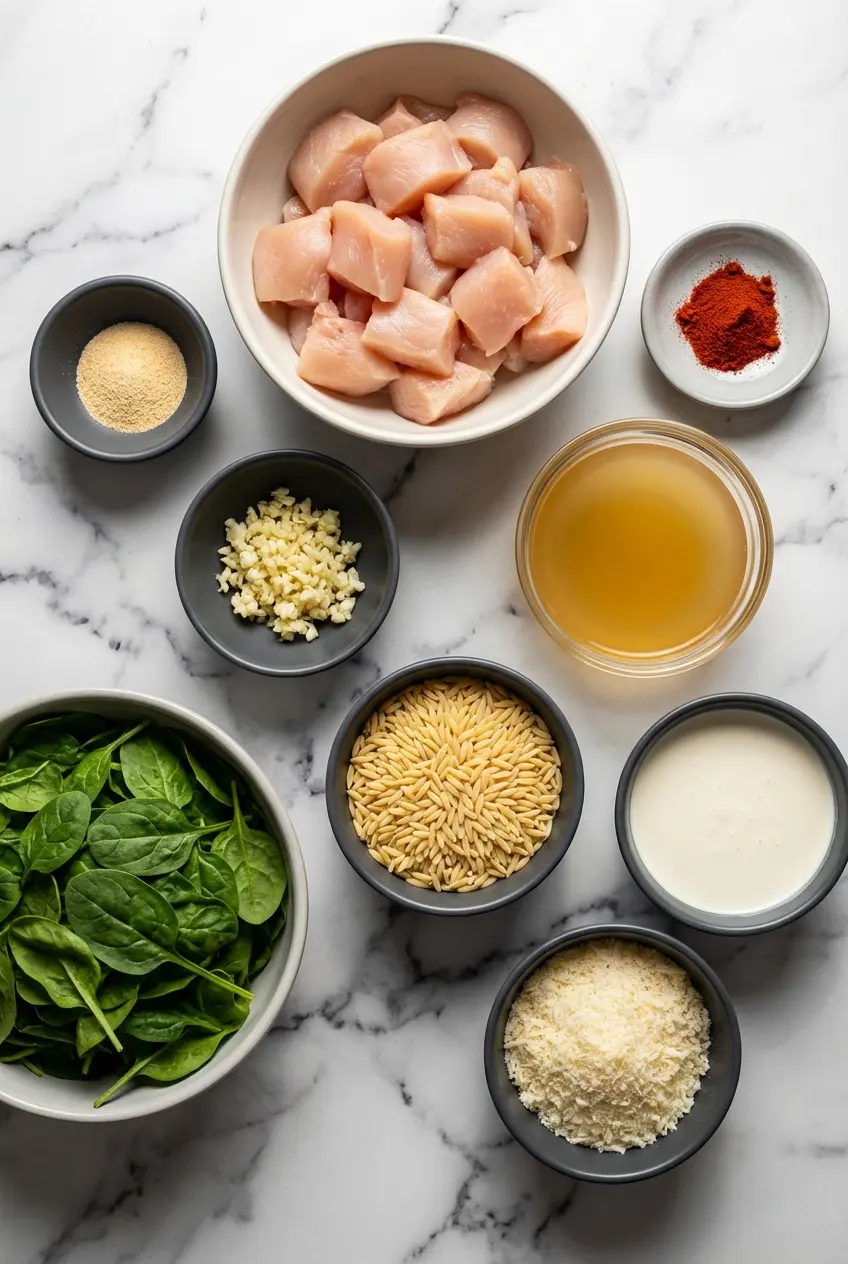 Raw ingredients for a marry me chicken orzo recipe including chicken breast, orzo pasta, sun-dried tomatoes, and heavy cream.