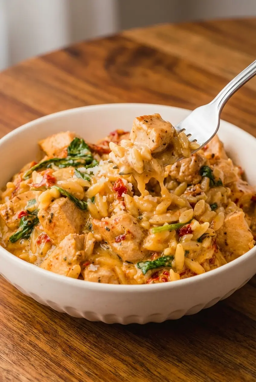 Close up of a rich marry me chicken orzo recipe bubbling in a skillet, showing off the perfectly al dente pasta.
