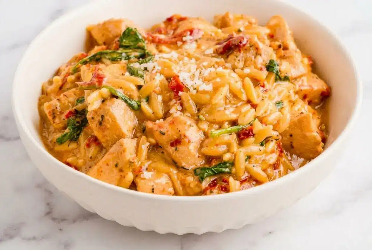 Skillet of marry me chicken orzo recipe with sun-dried tomatoes, spinach, and a rich white wine deglazed cream sauce.