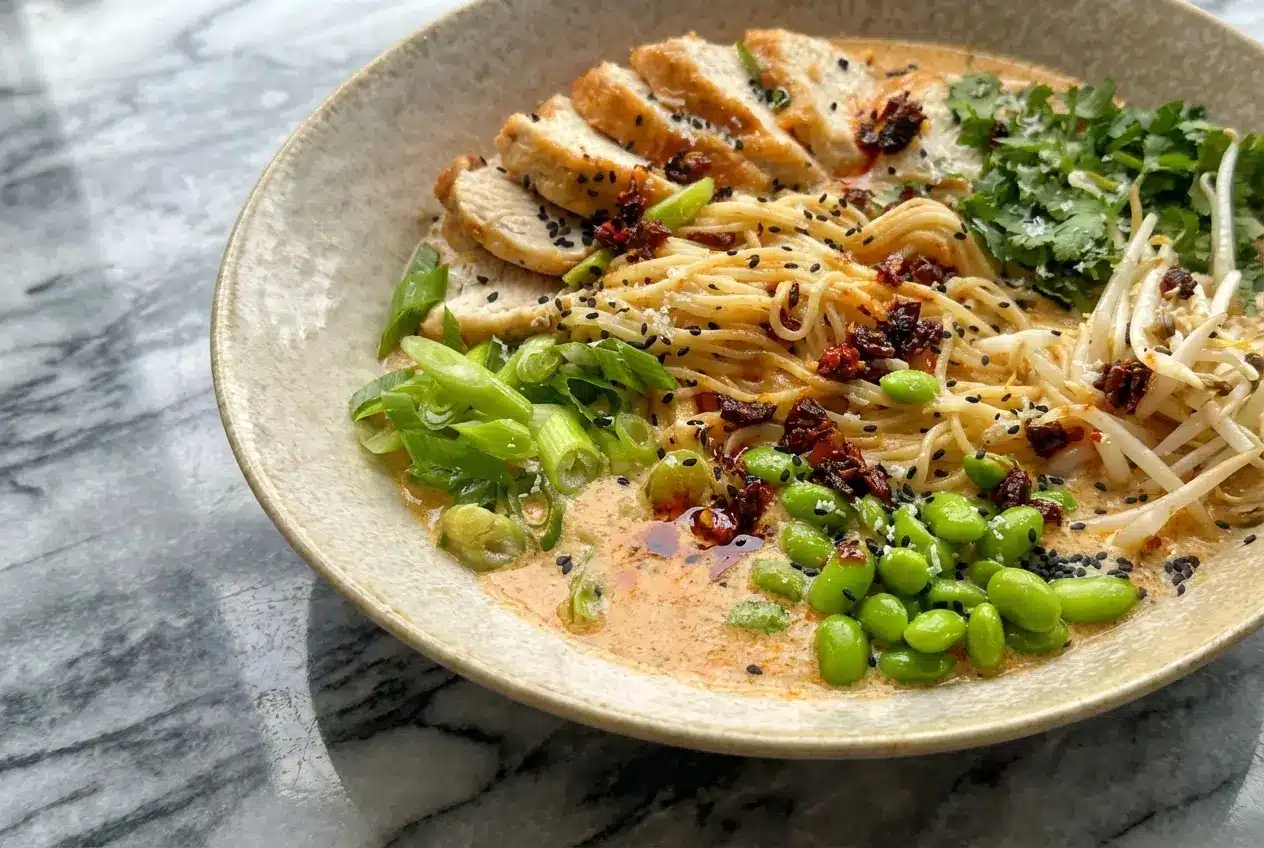 Creamy Marry Me Chicken Ramen with sun-dried tomatoes, savory miso paste, and a bright squeeze of fresh lime.