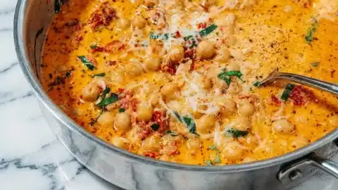 Marry me chickpeas recipe in a creamy skillet sauce with bloomed tomato paste, sun-dried tomato oil, and fresh baby spinach.