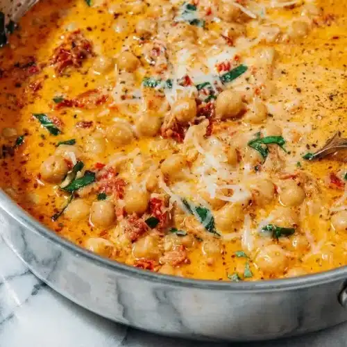 Marry me chickpeas recipe in a creamy skillet sauce with bloomed tomato paste, sun-dried tomato oil, and fresh baby spinach.