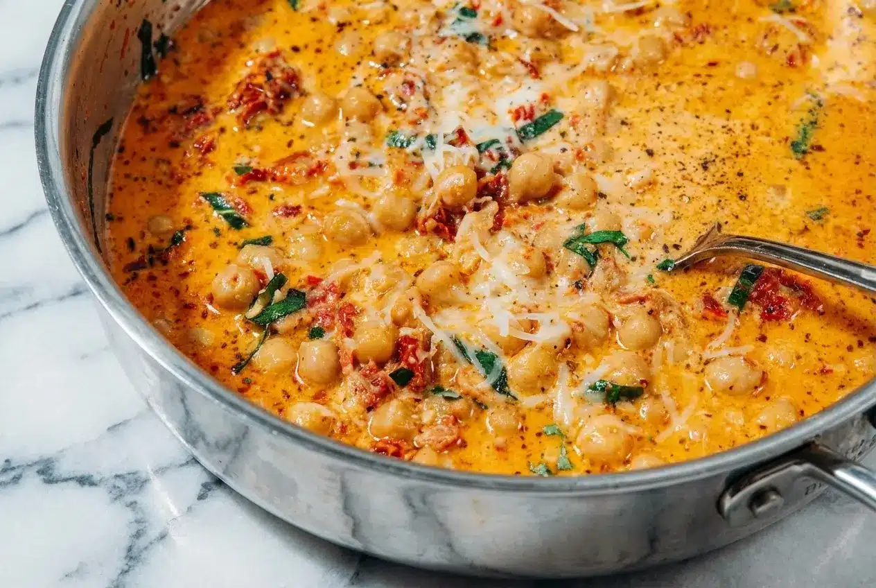 Marry me chickpeas recipe in a creamy skillet sauce with bloomed tomato paste, sun-dried tomato oil, and fresh baby spinach.