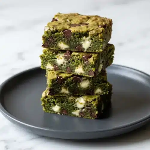Finished matcha brownie recipe showing a crackly top, fudgy green center, and chunks of white chocolate.