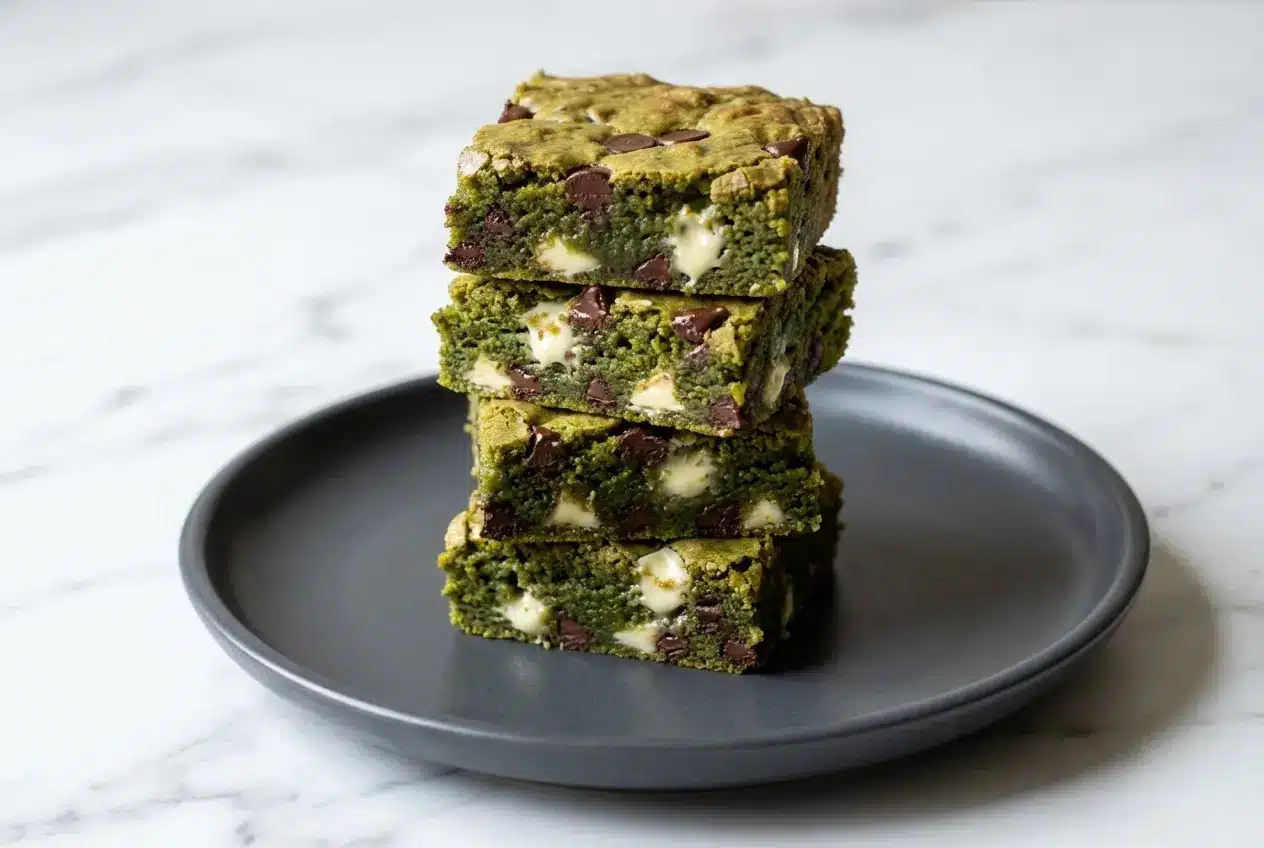 Finished matcha brownie recipe showing a crackly top, fudgy green center, and chunks of white chocolate.