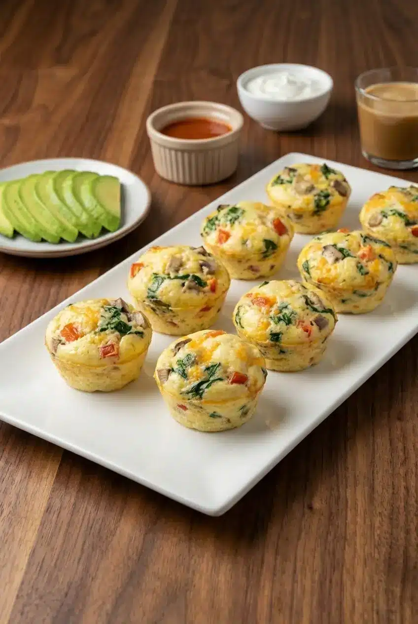 Stacked egg muffins in a glass meal prep container next to a morning coffee, ready for batch cooking.
