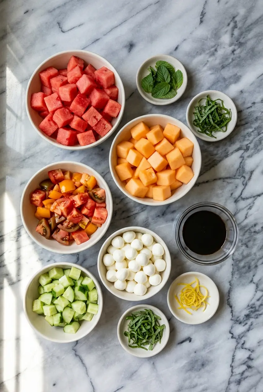 Fresh watermelon, honeydew, cantaloupe, and fresh mozzarella arranged for a Melon Mosaic Salad.