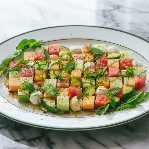 Melon Mosaic Salad with cubed watermelon and cantaloupe drizzled in hot honey and white balsamic glaze.