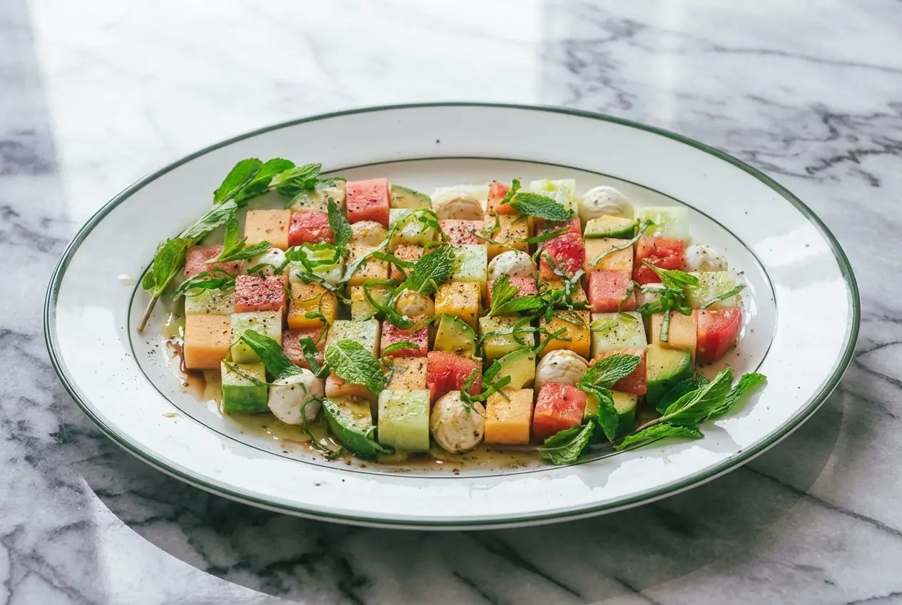 Melon Mosaic Salad with cubed watermelon and cantaloupe drizzled in hot honey and white balsamic glaze.