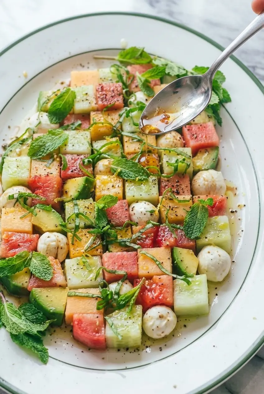 Geometric food plating of Melon Mosaic Salad featuring precise cubes of fruit and julienned basil.