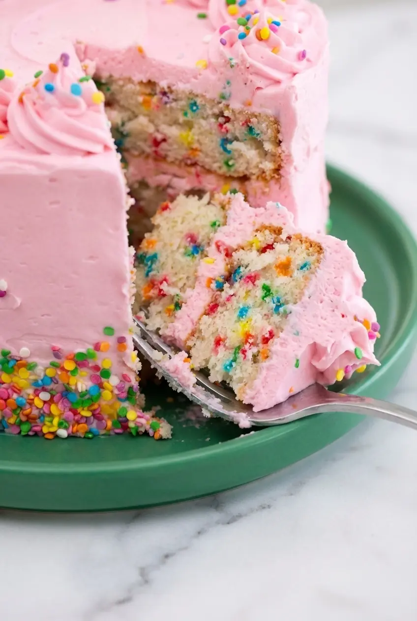 Close-up of a sliced Microwave Layer Cake revealing a tender, exceptionally moist crumb coated in smooth buttercream frosting.