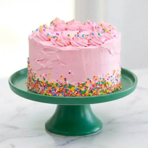 Sliced Microwave Layer Cake with buttercream frosting, showing a very moist crumb from the vanilla syrup soak and oil blend.