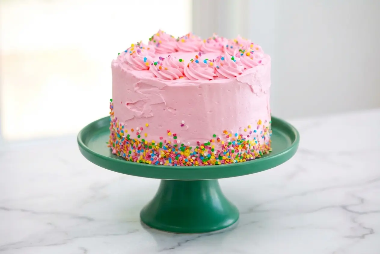 Sliced Microwave Layer Cake with buttercream frosting, showing a very moist crumb from the vanilla syrup soak and oil blend.